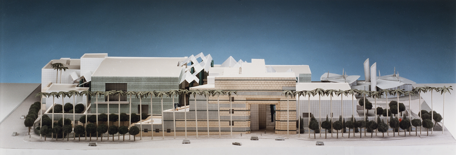 Model study for Los Angeles County Museum of Art showing unrealized plan to reclad the 1965 buildings, 1988