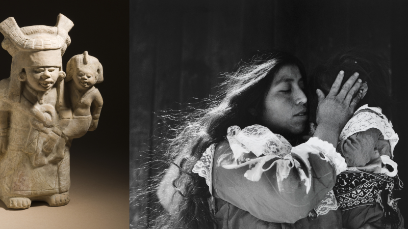 mother with child in ceramic and a black and white photo