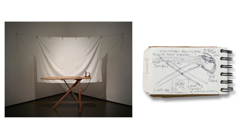 (left): Betye Saar, I’ll Bend But I Will Not Break, 1998, vintage ironing board, flat iron, chain, white bedsheet, wood clothespins, and rope, Los Angeles County Museum of Art, gift of Lynda and Stewart Resnick through the 2018 Collectors Committee  © Betye Saar,  photo © Museum Associates/ LACMA (right): Betye Saar, page from 1998 sketchbook, January 29, 1998,  collection of Betye Saar, courtesy of the artist and Roberts Projects, Los Angeles, © Betye Saar, photo © Museum Associates/ LACMA