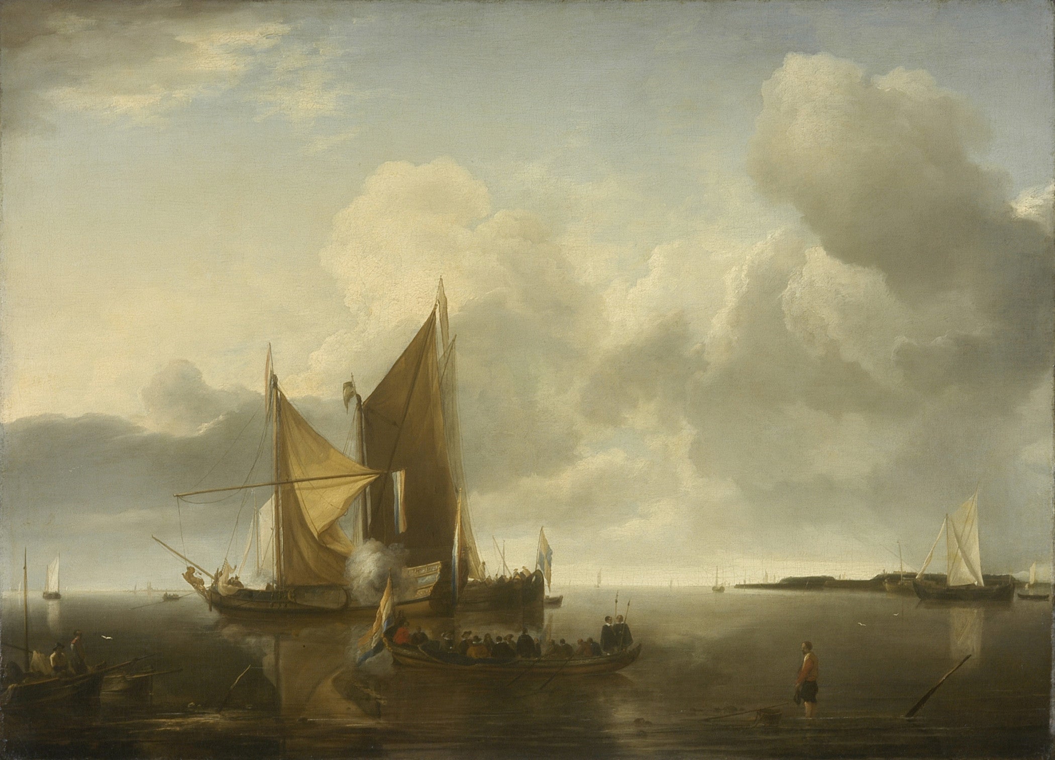 Ships in a Calm Jan van de Cappelle (Holland, Amsterdam, 1624/1626-1679) Holland, circa 1650-1655 Paintings Oil on canvas Canvas: 30 1/8 × 42 7/8 in. (76.52 × 108.9 cm) Frame: 39 1/2 × 51 × 3 1/2 in. (100.33 × 129.54 × 8.89 cm) Gift of Mr. and Mrs. Edward W. Carter (M.2003.108.6) European Painting