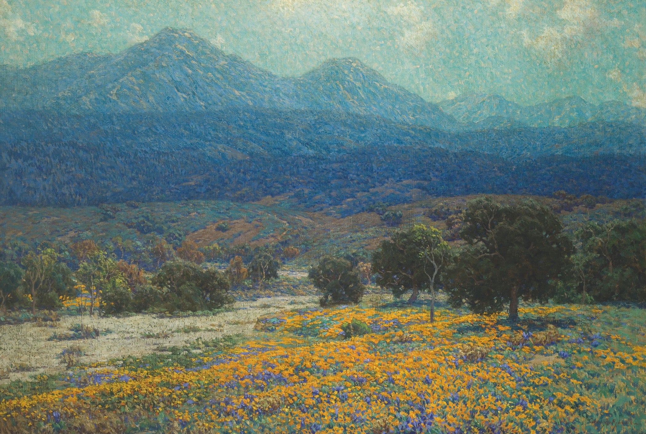 Painting of poppy fields with mountains in background