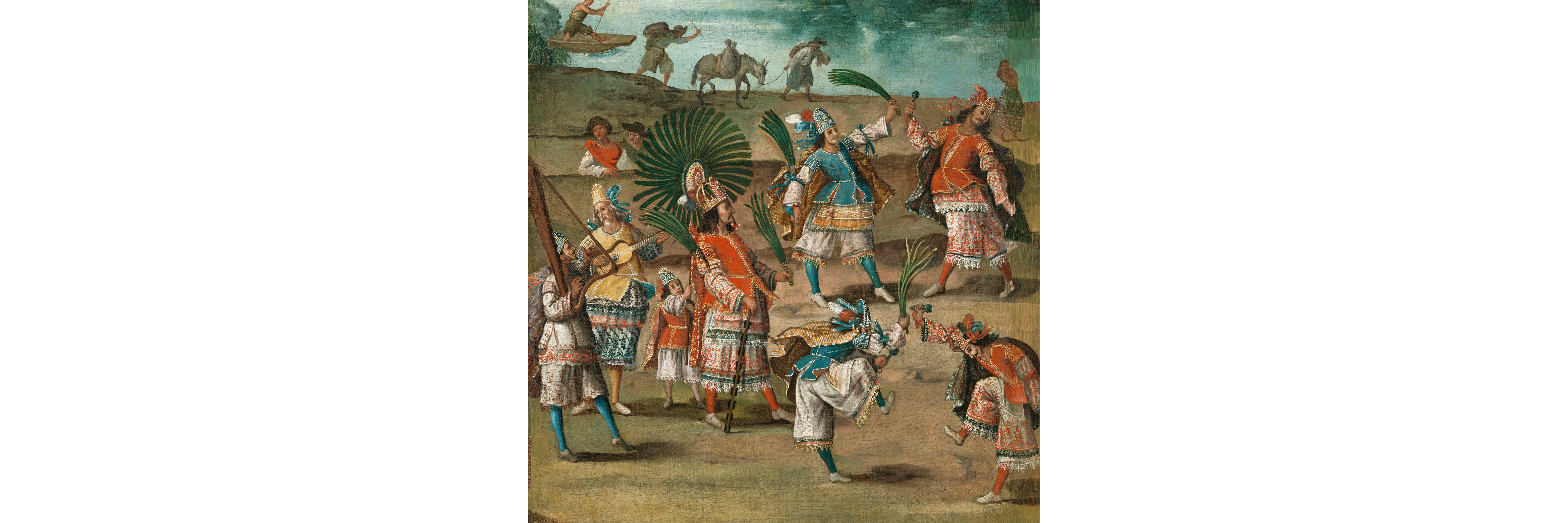 Unidentified artist, Folding Screen with Indian Wedding, Mitote, and Flying Pole (Biombo con desposorio indígena, mitote y palo volador) (detail), Mexico, c. 1660–90, Los Angeles County Museum of Art, Purchased with funds provided by the Bernard and Edith Lewin Collection of Mexican Art Deaccession Fund, photo © Museum Associates/ LACMA