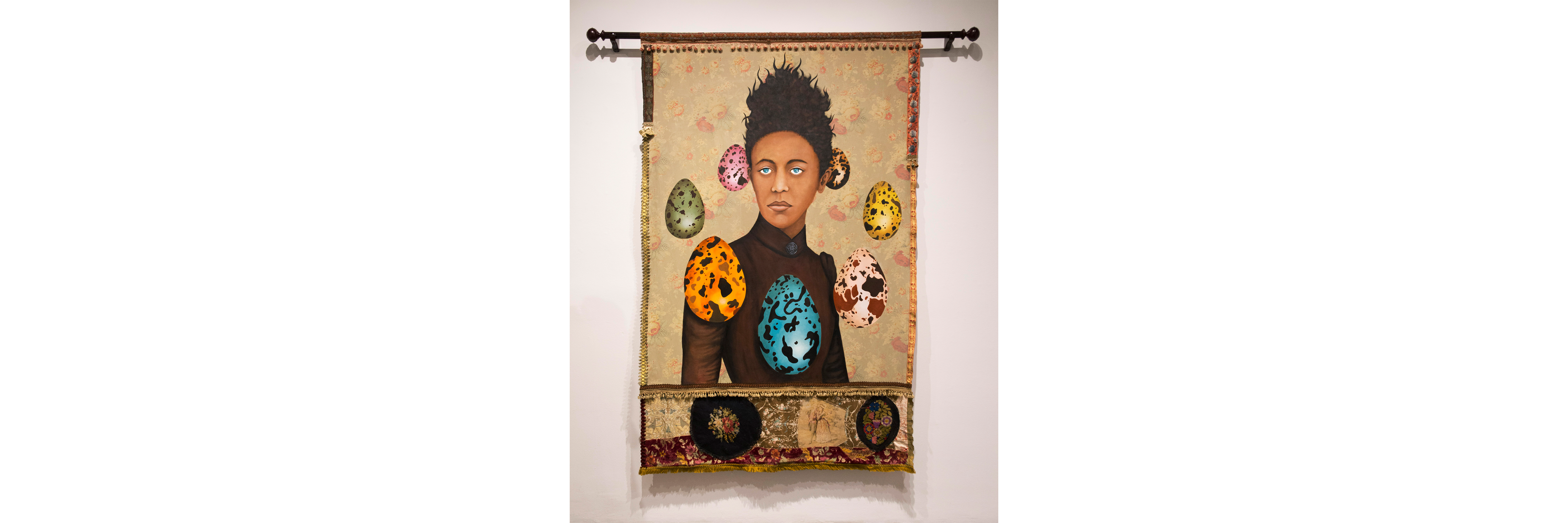 Lezley Saar, Septime, a collector of breezes, hoarder of voices, and gatherer of olfactory ephemera, once hanged her lover into a lake to protect him., 2019. Acrylic on fabric, embellishments, curtain rod, 89 x 76 inches. Collection of Diane Allen. 
