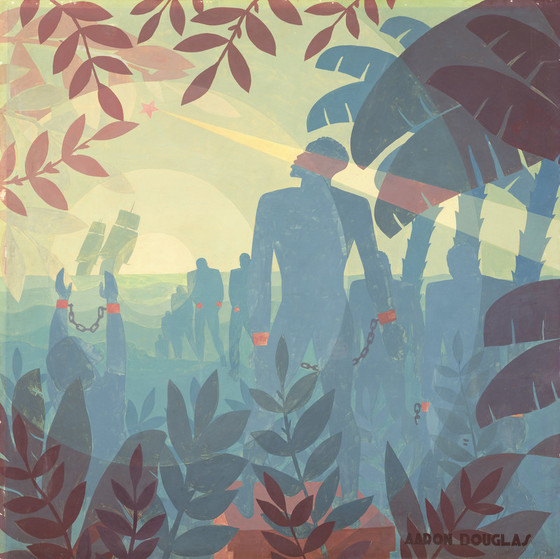 Artwork depicting silhouettes in the background with varied colored leaves in the foreground.