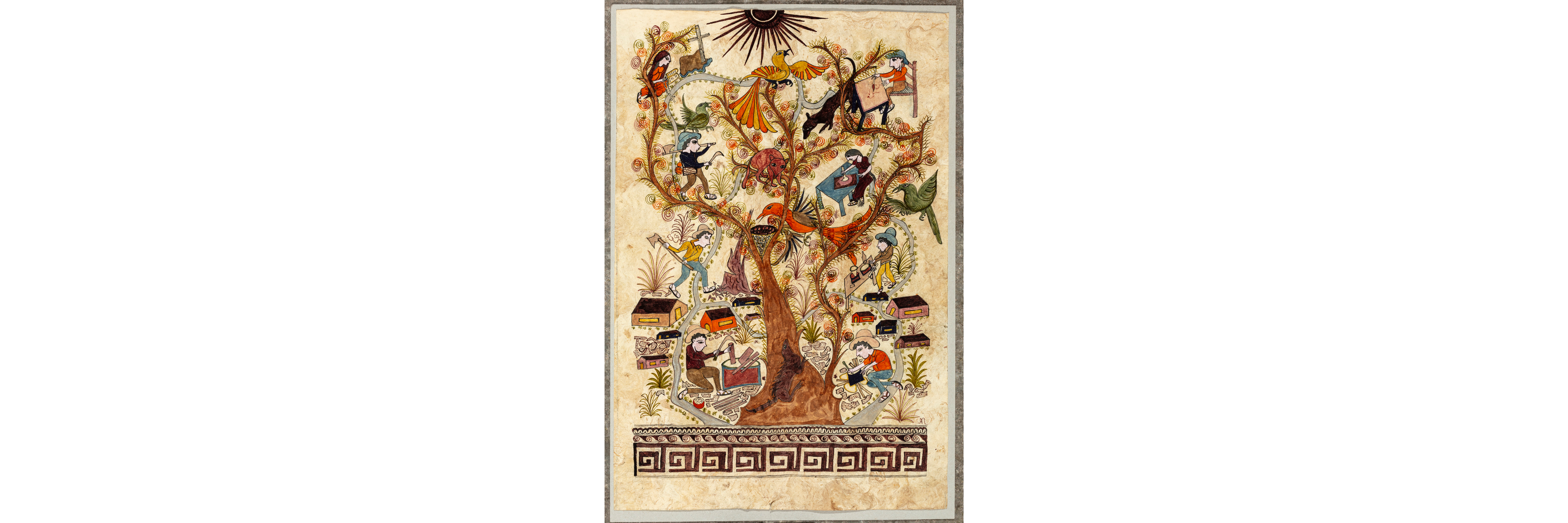 Alfonso Nava Larios, Cosmic Tree (Guamuchil), 2023, Nahua, Watercolor on amate paper, 23 1/2 × 15 1/2 in. (59.69 × 39.37 cm), © Alfonso Nava Larios, photo © Museum Associates/LACMA, by Javier Hinojosa