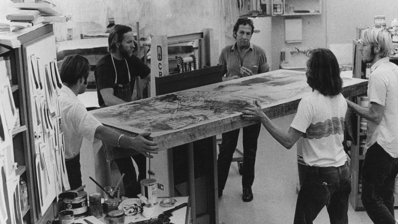 Moving the enormous limestone for Waves (Stoned Moon Series) at Gemini G.E.L. © 1969 Malcolm Lubliner