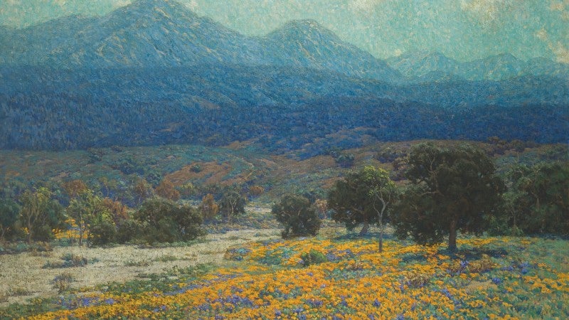 Painting of poppy fields with mountains in background