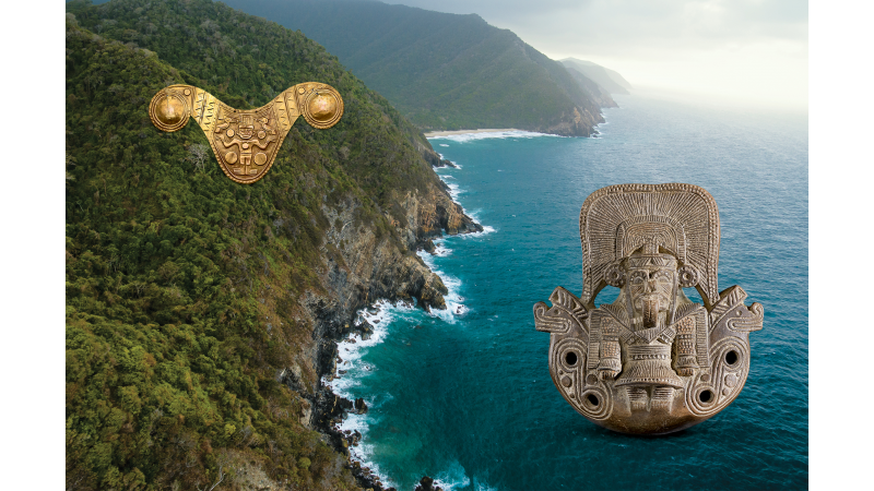 Breastplate [Museum of Fine Arts, Houston, Gift of Alfred C. Glassell, Jr., photo © Museum of Fine Arts, Houston] and figurative ocarina [Los Angeles County Museum of Art, The Muñoz Kramer Collection, gift of Jorge G. and Nelly de Muñoz and Camilla Chandler Frost] showing powerful individuals in centered positions, against a backdrop of the Caribbean coastline, Sierra Nevada de Santa Marta, Colombia, photo © Jota Arango