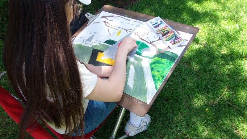 Student using oil pastels on landscape