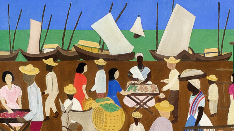 illustrated depiction of a Bahian market overlooking a port 