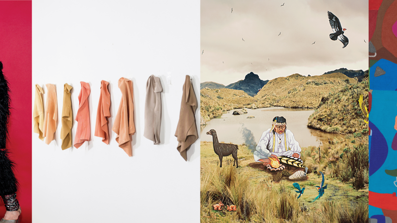 Carmelita Tropicana, Animal Performance, 2018. Photo: Courtesy of the artist.   Juana Valdés, Colored China Rags, bone china porcelain, 2017. Photo: Courtesy of the artist.   Koyoltzintli, Medicine man and his helpers from the series “in the mouth of the mountain jaguar…”, photograph and oil painting intervention, 2017. Photo: Courtesy of the artist.   Candida Alvarez, Pica, Pica 7, acrylic on linen, metallic marker, 2022. Courtesy of the artist and Monique Meloche Gallery, Photo credit: Tom Van Eynde.