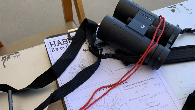 binoculars, a compass, colored pencils, and a clipboard with drawings of habitats 