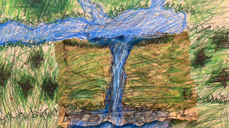 drawing of grass and body of water with multiple tributaries
