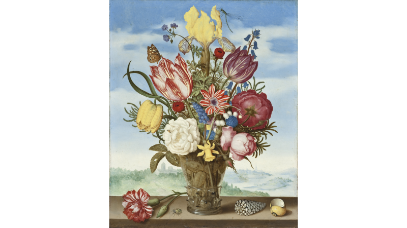 Ambrosius Bosschaert, Bouquet of Flowers on a Ledge, 1619, oil on copper, 11 x 9 in.; frame: 15 x 14 x 1 in., Los Angeles County Museum of Art, gift of Mr. and Mrs. Edward W. Carter (M.2003.108.7), photo © Museum Associates/LACMA