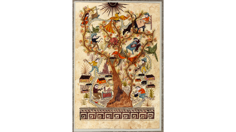 Alfonso Nava Larios, Cosmic Tree (Guamuchil), 2023, Nahua, Watercolor on amate paper, 23 1/2 × 15 1/2 in. (59.69 × 39.37 cm), © Alfonso Nava Larios, photo © Museum Associates/LACMA, by Javier Hinojosa