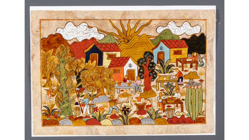 Eva Peréz Martínez, Zacatlaxcalli Vignette, 2023, Nahua, Watercolor on amate paper, 7 7/8 × 11 1/2 in. (20 × 29.21 cm), Los Angeles County Museum of Art, commissioned with funds provided by Lillian Weiner, © Eva Peréz Martínez, photo © Museum Associates/LACMA, by Javier Hinojosa