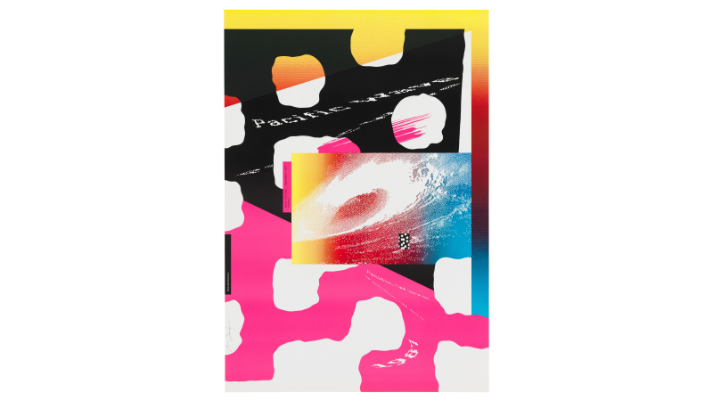 April Greiman, Pacific Wave poster, 1987, offset lithograph, 38⅞ × 26⅞ in., Los Angeles County Museum of Art, purchased with funds provided by the Decorative Arts and Design Council Acquisition Fund and the Ralph M. Parsons Fund, © April Greiman, digital image courtesy of the artist