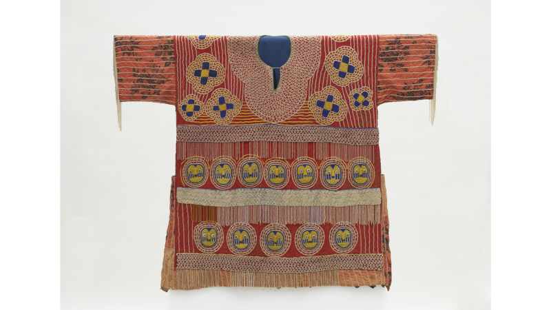 Man's Royal Ceremonial Robe, Africa, Nigeria, Yoruba people, early 20th century, cotton damask, cotton twill, printed, cotton plain weave and wool, full finish, glass beads, 45 5/16 x 58 5/16 in., Los Angeles County Museum of Art, Marcel and Zaira Mis Collection, purchased with funds from the LACMA's 50th Anniversary Gala, photo © Museum Associates/LACMA