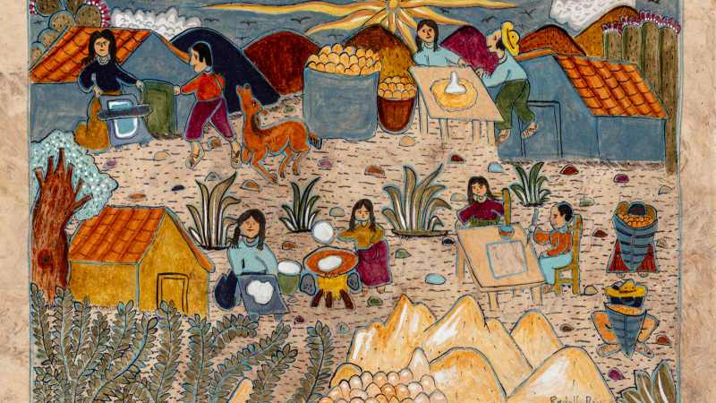 Image Credit Line: Rodolfo Rojas Bello (Xalitla, Guerrero [Nahua]), Texotli (Maya Blue) Vignette, watercolor on amate paper, 7 7/8 x 11 3/4 in. (20 x 30 cm), Los Angeles County Museum of Art, commissioned with funds provided by Lillian Weiner, © Rodolfo Rojas Bello, photo © Museum Associates / LACMA, by Javier Hinojosa