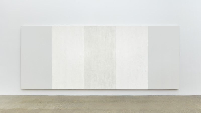 Mary Corse, Untitled (White Inner Band), 2003, glass microspheres and acrylic on canvas, 96 × 240 in., collection of the artist, courtesy Kayne Griffin Corcoran, Lisson Gallery, and Pace Gallery, © Mary Corse, photograph by Flying Studio