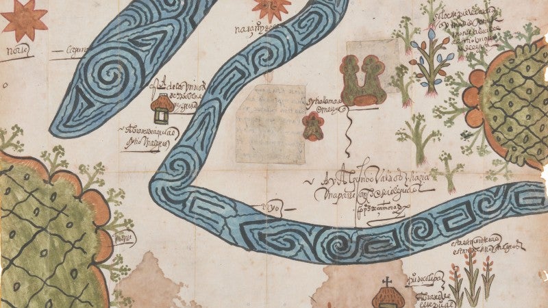 Corregidor Pedro Pérez de Zamora, Facsímil del mapa de Zolipa Misantla, ￼Veracruz, 1573; facsímil copiado en 2021 del original en la colección del Archivo General de la Nación por ￼Tlaoli Ramírez Téllez, cortesía del artista, comisionado por el Los Angeles County Museum of Art, © Museum ￼Associates/LACMA