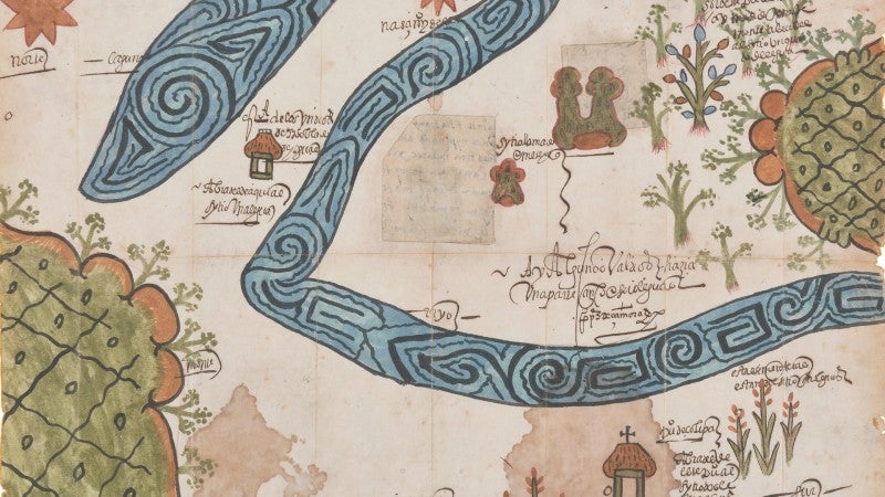 Corregidor Pedro Pérez de Zamora, Facsimile of Map of Zolipa Misantla, Veracruz, 1573, 2021 facsimile of the original in the collection of the Archivo General de la Nación by Tlaoli Ramírez Téllez, courtesy of the artist, commissioned by the Los Angeles County Museum of Art, © Tlaoli Ramírez Téllez