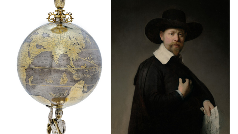 Abraham Gessner, Globe Cup (detail), c. 1600; Rembrandt Harmensz. van Rijn, Portrait of Marten Looten, 1632 