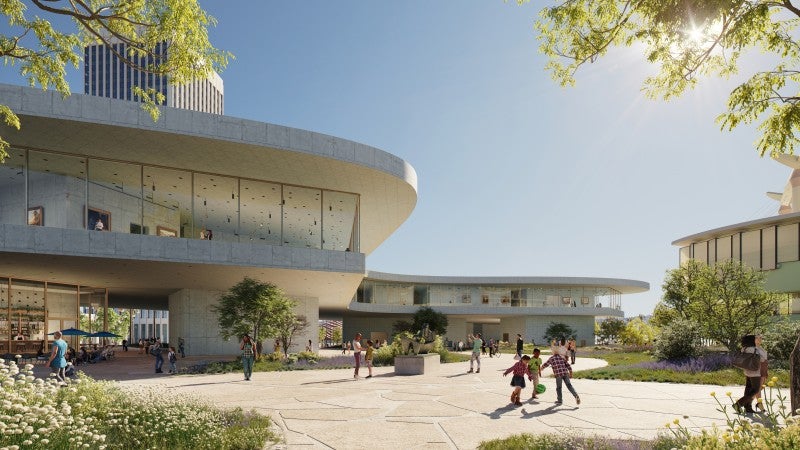 Rendering of museum gallery building with visitors outside