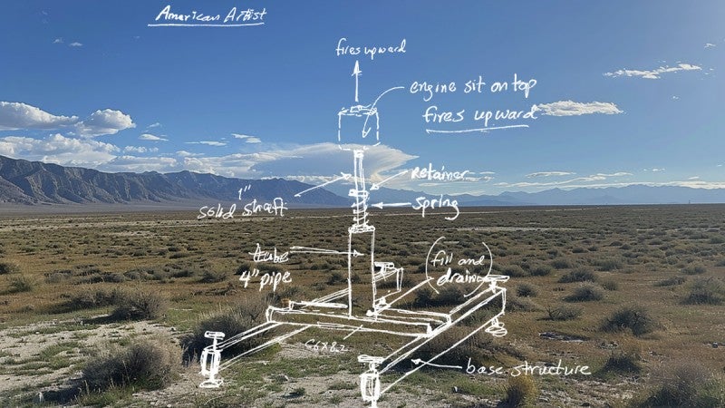 AI-generated image of the Mojave Test Area, hand-drawn diagram of GALCIT test replica by Dave Nordling