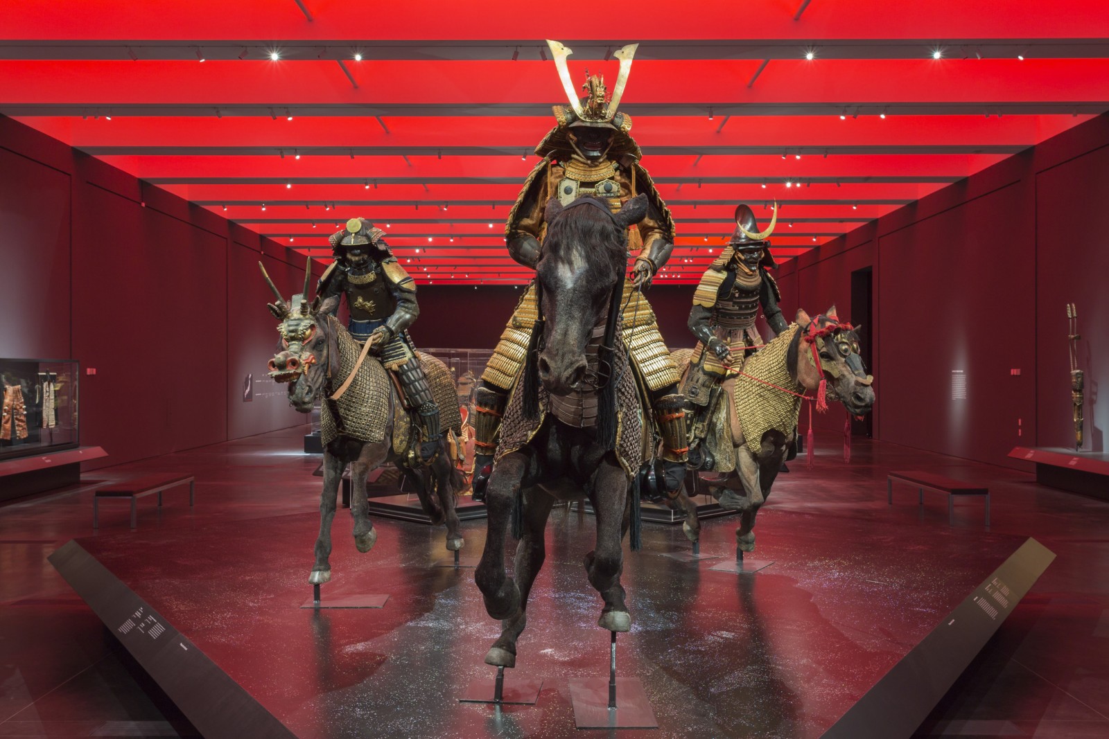 Installation photograph, Samurai: Japanese Armor from the Ann and Gabriel Barbier-Mueller Collection, Los Angeles County Museum of Art