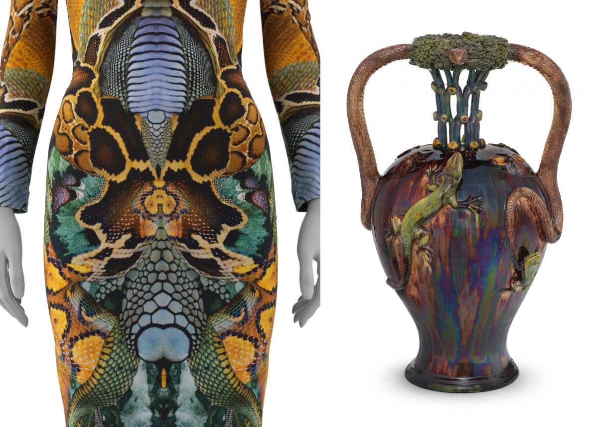Image Left: Image: (Left) Alexander McQueen (Lee Alexander McQueen), Woman's Ensemble (Dress and Leggings), (Right) Manuel Cipriano Gomes Mafra, Urn, circa 1865-1887n