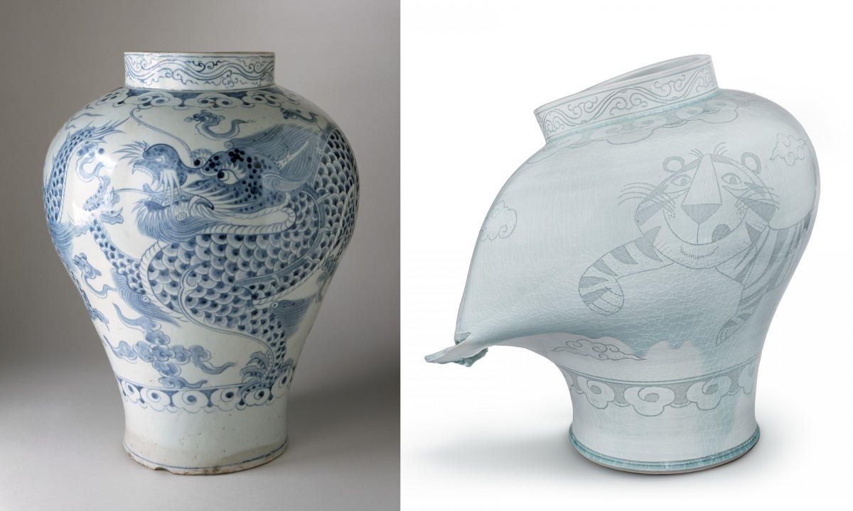 Image (Left): Unknown, Jar with Dragon and Clouds, Image (Right): Steven Young Lee, Jar with Tiger and Clouds, 2019