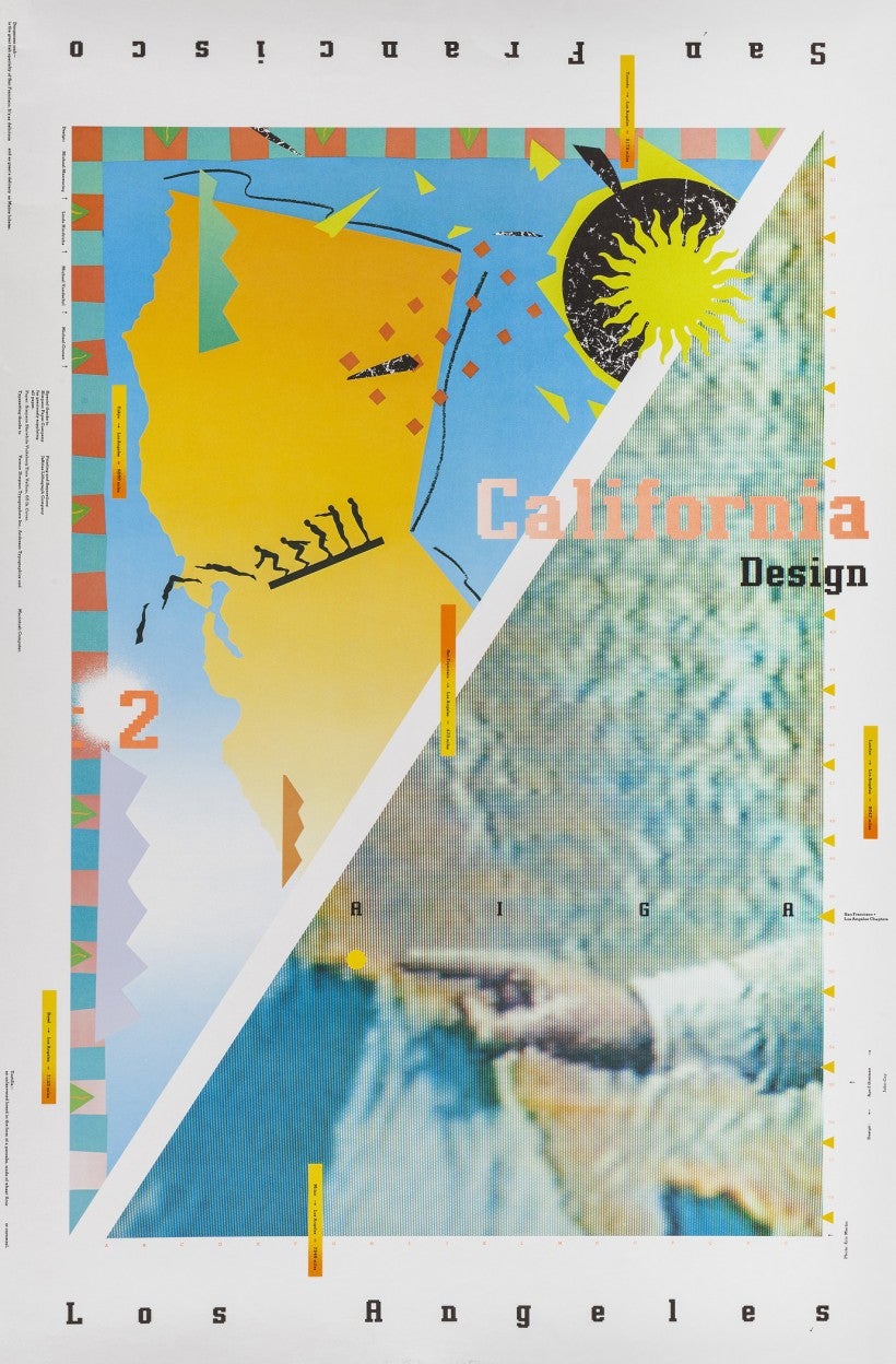 Image: April Greiman and John Coy with Michael Cronan, Linda Hinrichs, Michael Manwaring, Michael Vanderbyl, and Eric Martin. AIGA California Design 2, 1985