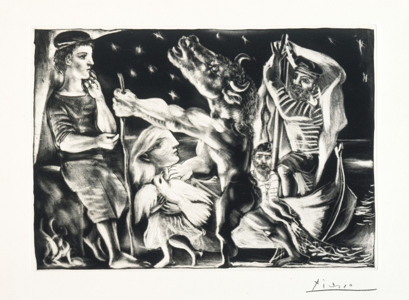 Image, above: Pablo Picasso, Blind Minotaur Led through the Night by Girl with Fluttering Dove, 1934 