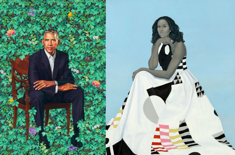 “Barack Obama” by Kehinde Wiley, oil on canvas, 2018. Michelle LaVaughn Robinson Obama” by Amy Sherald, oil on linen, 2018.