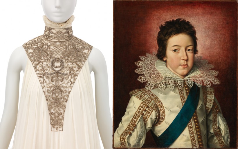Image: (Left) Alexander McQueen, Woman's Dress (detail) from The Widows of Culloden collection, Fall/Winter 2006-07, (Right) Frans Pourbus II, Portrait of Louis XIII, King of France as a Boy, c. 1616