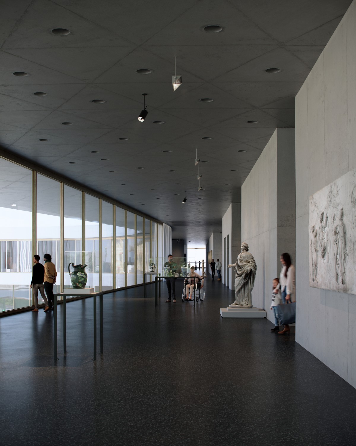 Terrace and south entrance galleries facing north, exhibition level; Atelier Peter Zumthor/The Boundary