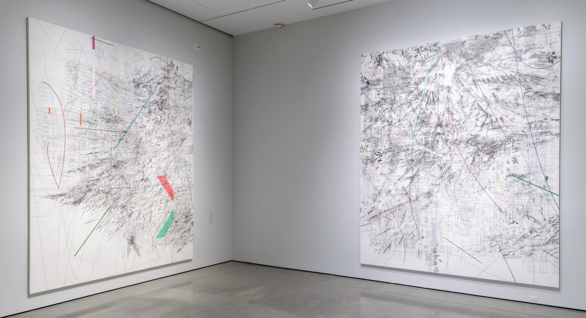 Installation photograph, Julie Mehretu, Los Angeles County Museum of Art, 2019–2020, art © Julie Mehretu, photo © Museum Associates/LACMA