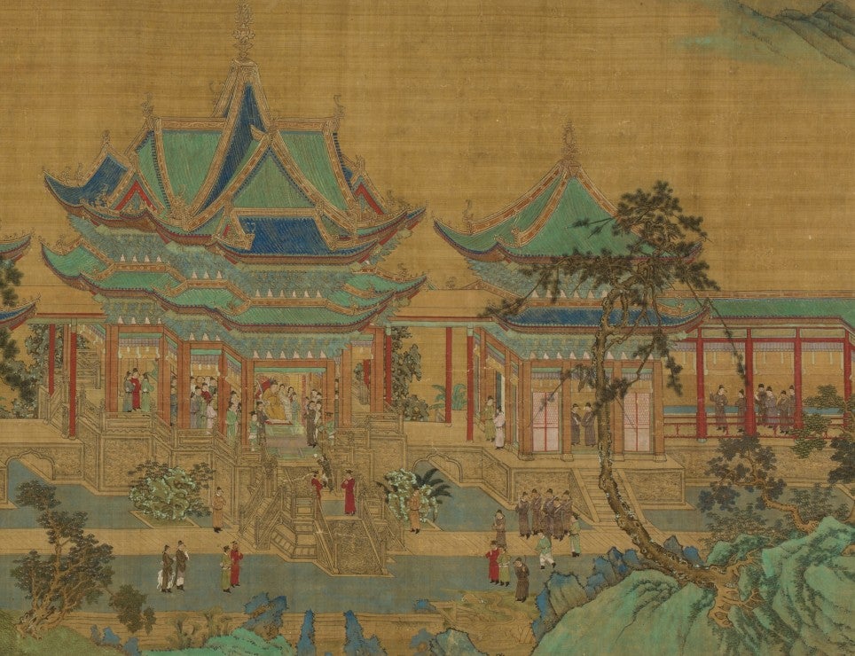 Qiu Ying, The Jiucheng Palace, Ming dynasty, c. 1525–33, handscroll; ink, colors, and gold on silk, 12 1/2 × 134 1/4 in., Osaka City Museum of Fine Arts, Abe Collection, photo © Osaka City Museum of Fine Arts